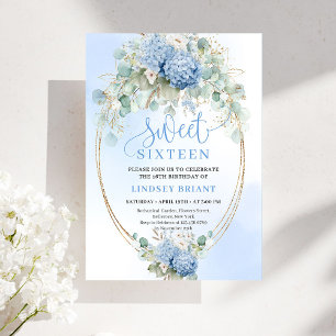 Digital Blue Hydrangea Gold Sweet Sixteen Invite