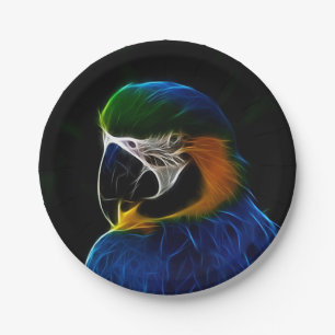 Digital blue parrot fractal paper plate
