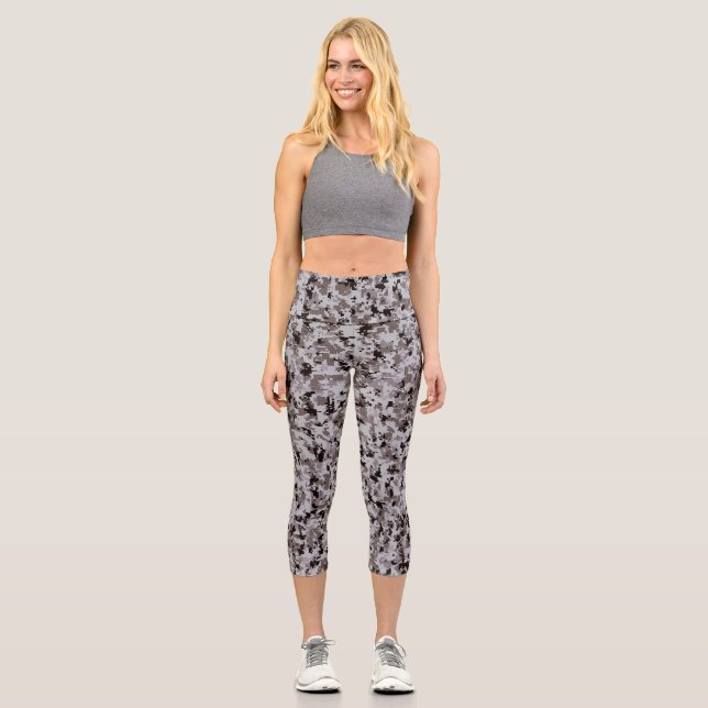 Digital Camo – Black-Grey SM camo pattern Capri Leggings (Front)