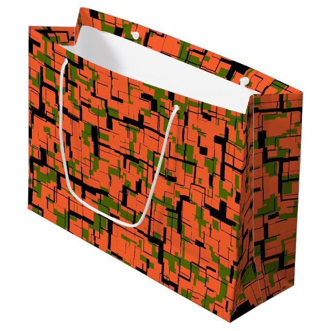 Digital Camo Green Orange Black Pattern Large Gift Bag (Front Angled)