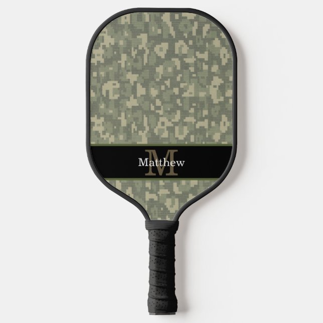 Digital Camo Military Hunter Initial Monogram Pickleball Paddle (Front)