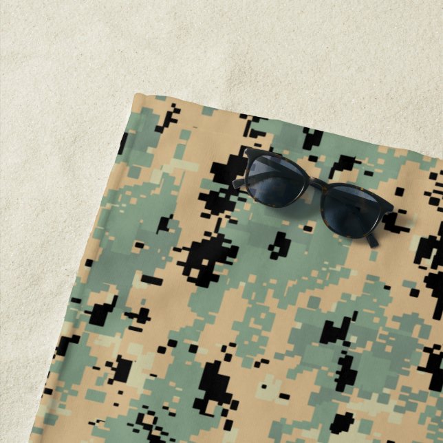 Digital Camo – Tan-Green LG camo pattern Beach Towel (In Situ)