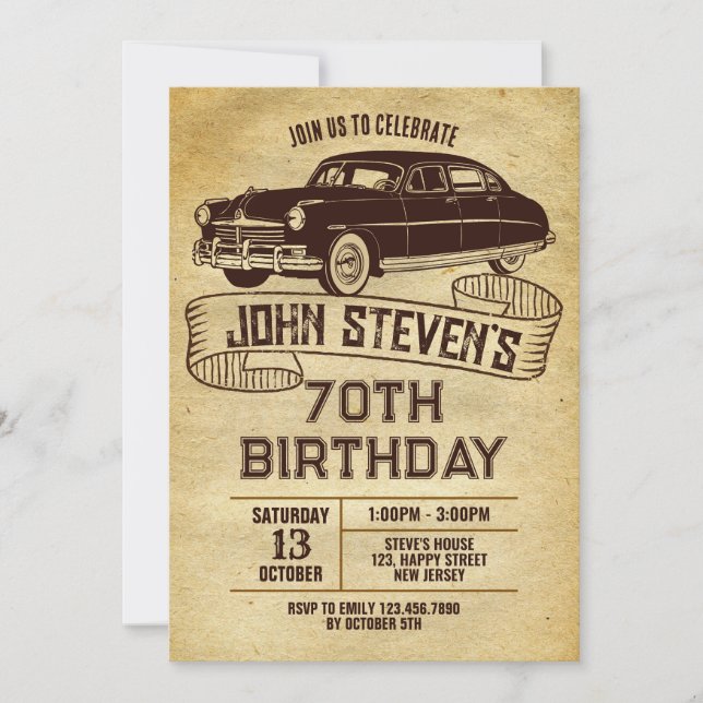 Digital Classic Car Birthday Invitation. Vintage Invitation (Front)