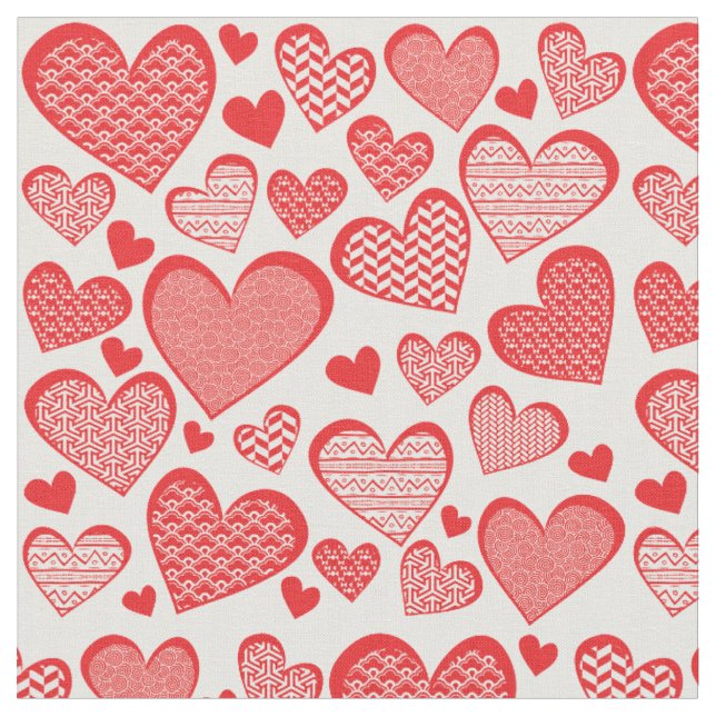 Digital Collage Style Red Patterned Hearts Fabric (Close Up)