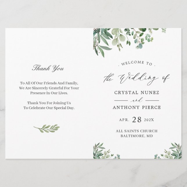 Digital Download Eucalyptus Leaves Wedding Program Invitation (Front)