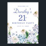 Digital Download Hydrangea 21st Birthday Welcome Poster<br><div class="desc">You can download this summer floral welcome sign immediately. Soft dusty blue and purple hydrangeas mix with soft blush white and pink wild roses. The birthday celebrant's name is written in an easy-to-read script font. the Birthday year and date follow in a bold traditional serif font. All of the text...</div>