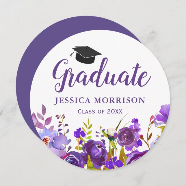 (digital download) Violet Purple Floral Graduation Invitation (Front/Back)