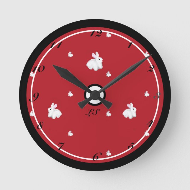 Digital drawing Cute rabbits red colour LS  Round Clock (Front)