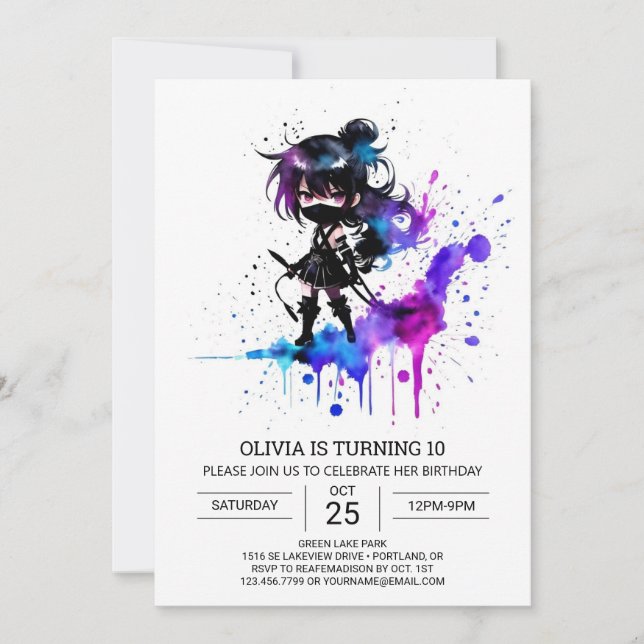 Digital Elegant Ninja Girl Birthday Invitation (Front)