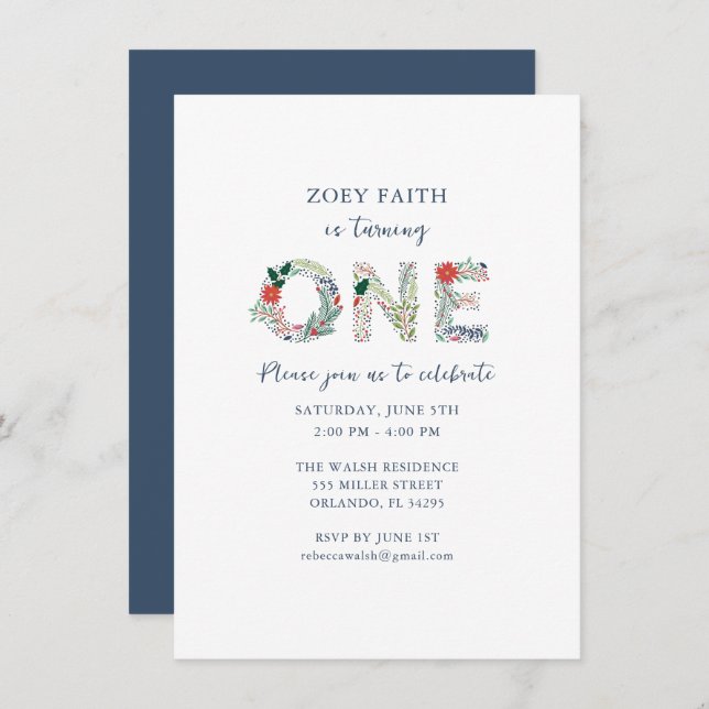 Digital Floral 1st Girls Birthday Party Invitation (Front/Back)