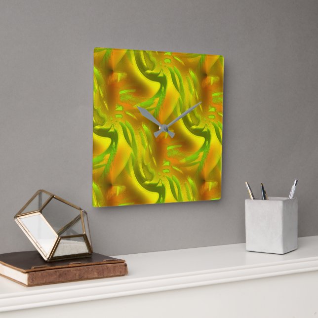 Digital green orange peel on yellow rough texture  square wall clock (Office)