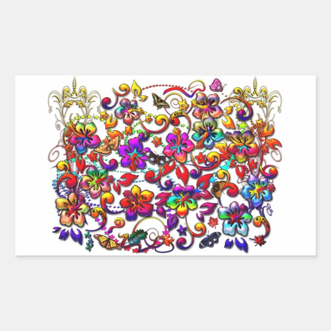 Digital Hibiscus Floral Pattern Rectangular Sticker (Front)