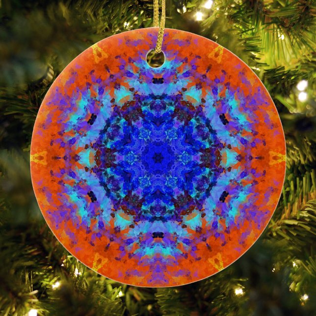 Digital Mandala Blue and Orange Ceramic Tree Decoration (Blue and Orange Digital Paint Mandala Ornament by Wormhole Orbital)