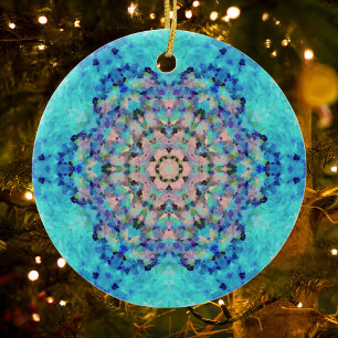 Digital Mandala Blue and Pink Ceramic Tree Decoration