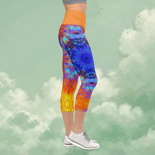 Digital Mandala Blue Orange and Yellow Capri Leggings