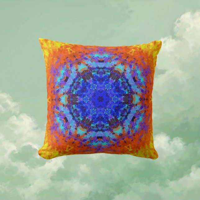 Digital Mandala Blue Orange and Yellow Cushion (Blue Orange and Yellow Digital Mandala Throw Pillow by Wormhole Orbital)