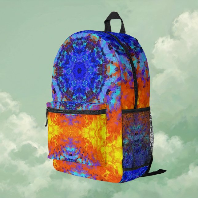 Digital Mandala Blue Orange and Yellow Printed Backpack (Blue Orange and Yellow Digital Mandala Backpack by Wormhole Orbital)
