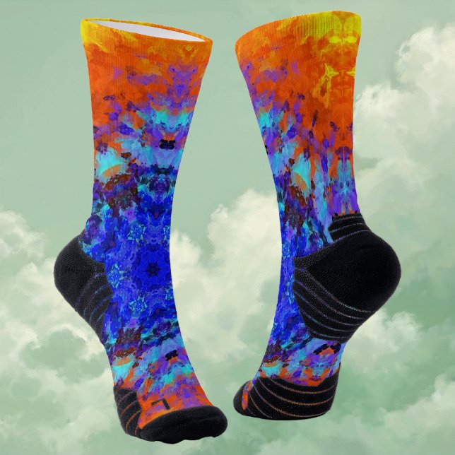 Digital Mandala Blue Orange and Yellow Socks (Blue Orange and Yellow Digital Mandala Socks by Wormhole Orbital)