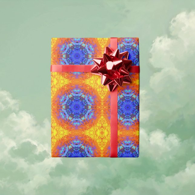 Digital Mandala Blue Orange and Yellow Wrapping Paper (Blue Orange and Yellow Digital Mandala Wrapping Paper by Wormhole Orbital)