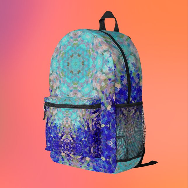 Digital Mandala Blue Purple and White Printed Backpack (Creator Uploaded)