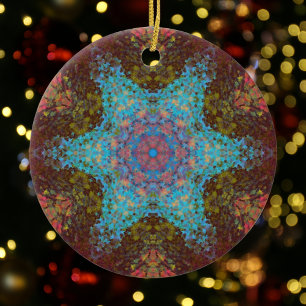 Digital Mandala Blue Red and Green Ceramic Tree Decoration