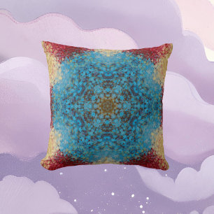 Digital Mandala Blue Red and Yellow Cushion