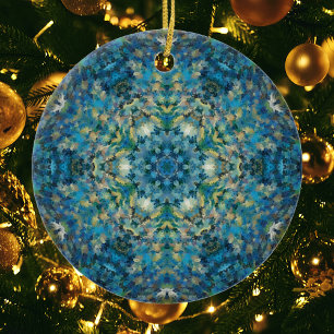 Digital Mandala Blue White and Yellow Ceramic Tree Decoration