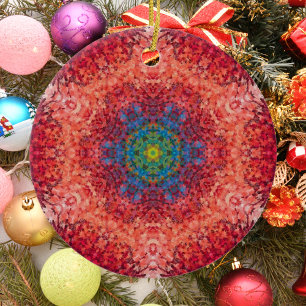 Digital Mandala Orange Blue and Red Ceramic Tree Decoration
