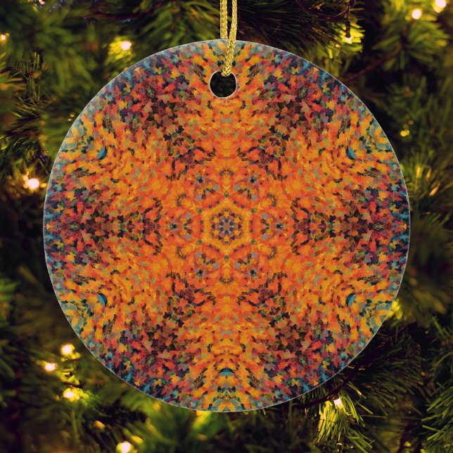 Digital Mandala Orange Blue and Yellow Ceramic Tree Decoration (Orange Yellow and Blue Digital Paint Mandala Ornament by Wormhole Orbital)