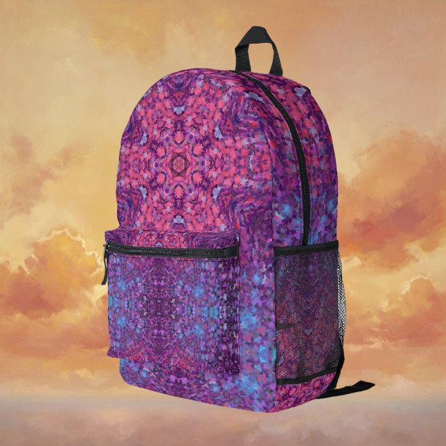 Digital Mandala Pink Purple and Blue Printed Backpack (Pink Purple and Blue Digital Mandala Backpack by Wormhole Orbital)