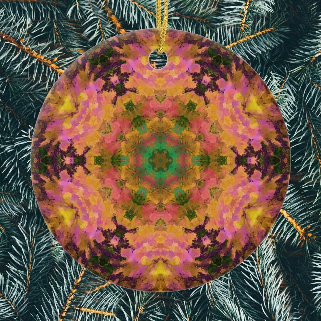 Digital Mandala Pink Yellow and Green Ceramic Tree Decoration (Pink Yellow and Green Digital Paint Mandala Ornament by Wormhole Orbital)