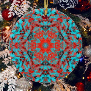 Digital Mandala Red and Blue Ceramic Tree Decoration
