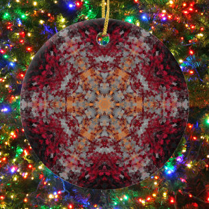 Digital Mandala Red White Orange and Black Ceramic Tree Decoration