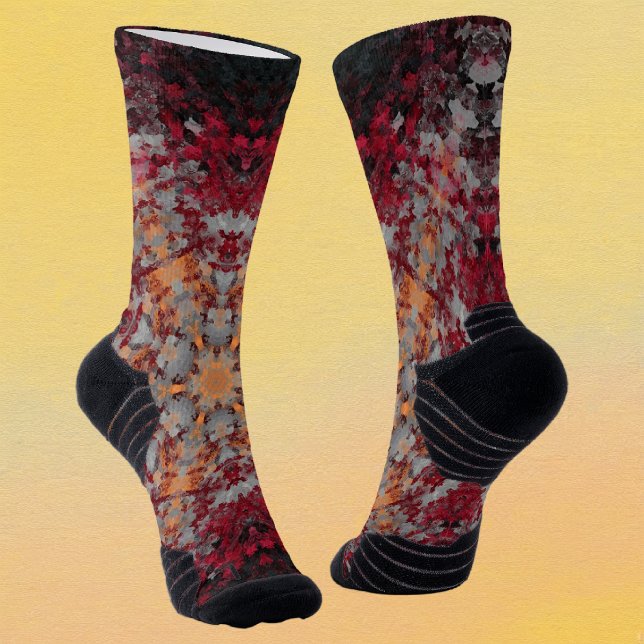 Digital Mandala Red White Orange and Black Socks (Red White Orange and Black Digital Paint Mandala Socks By Wormhole Orbital)