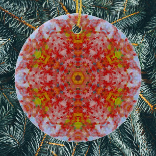 Digital Mandala Red Yellow and Blue Ceramic Tree Decoration
