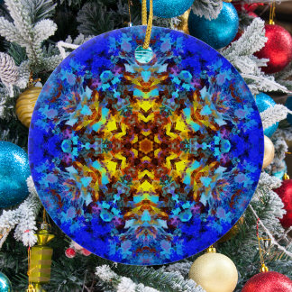Digital Mandala Yellow and Blue Ceramic Tree Decoration