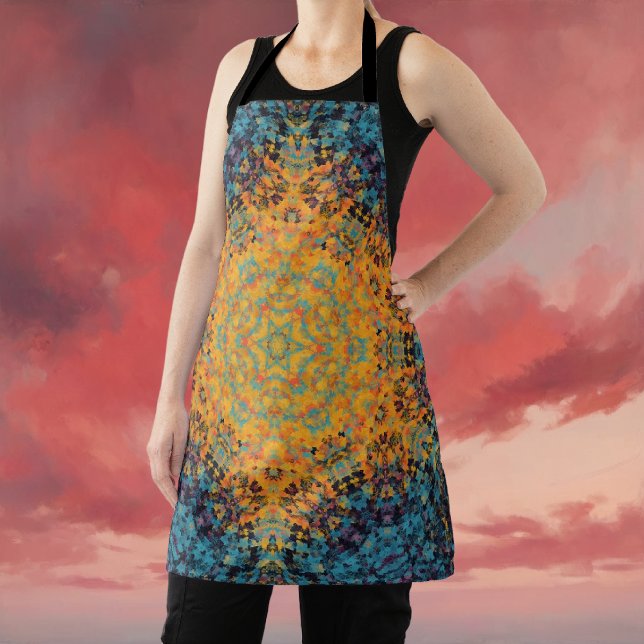 Digital Mandala Yellow Blue and Red Apron (Yellow Blue and Red Digital Mandala Apron by Wormhole Orbital)
