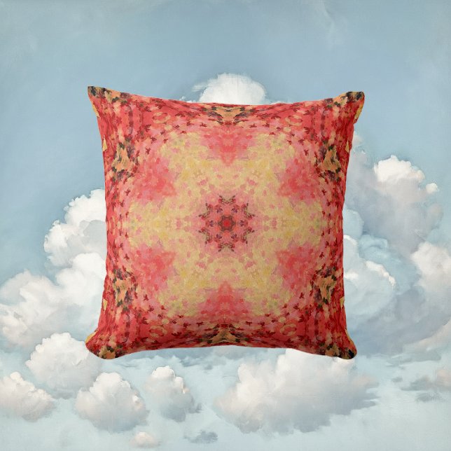 Digital Mandala Yellow, Pink, and Red Cushion (Yellow Pink and Red Digital Paint Mandala Throw Pillow By Wormhole Orbital)