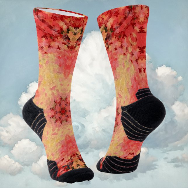 Digital Mandala Yellow, Pink, and Red Socks (Yellow Pink and Red Digital Paint Mandala Socks By Wormhole Orbital)