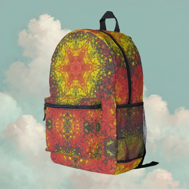 Digital Mandala Yellow Red and Black Printed Backpack (Yellow and Red Digital Paint Mandala Backpack By Wormhole Orbital)