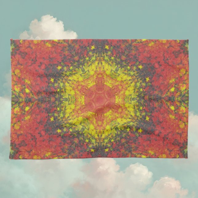 Digital Mandala Yellow Red and Black Tea Towel (Yellow and Red Digital Paint Mandala Kitchen Towel By Wormhole Orbital)