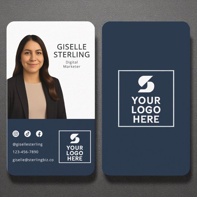 Digital Marketer Navy Blue Photo Logo Portrait Business Card (Creator Uploaded)