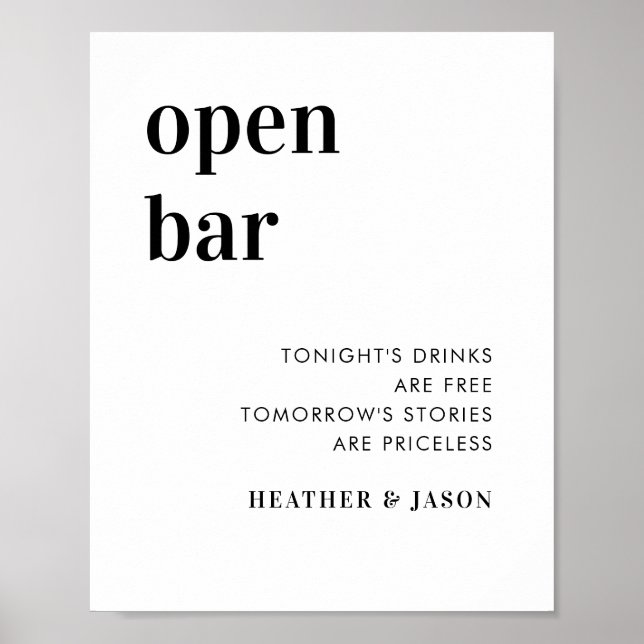 Digital Minimalist Bold Wedding Open Bar Sign (Front)