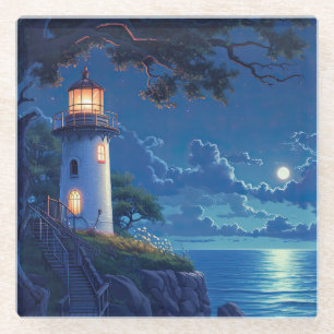 Digital Painting of a Lighthouse in the Moonlight Glass Coaster