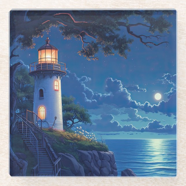 Digital Painting of a Lighthouse in the Moonlight Glass Coaster (Front)