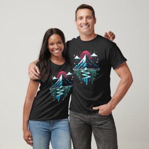 Digital Peaks Neon 8-Bit Mountainscape Cyber River T-Shirt