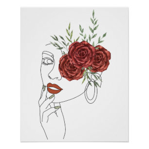 digital product woman line art flowers red roses poster