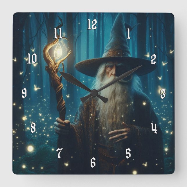 Digital Rendering of a Magical Wizard with a Staff Square Wall Clock (Front)