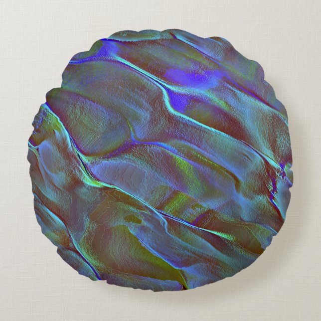 Digital rock in satin shade of burnt blue green round cushion (Front)