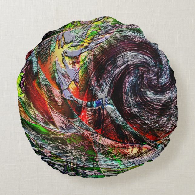 Digital ruins texture over red to yellow gradient  round cushion (Back)